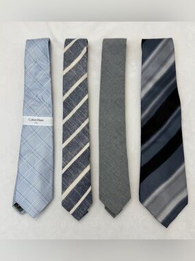 Lot of 4 Men's Neckties Calvin Klein Dazi Zylos Slim Skinny Blue Gray Silk Linen